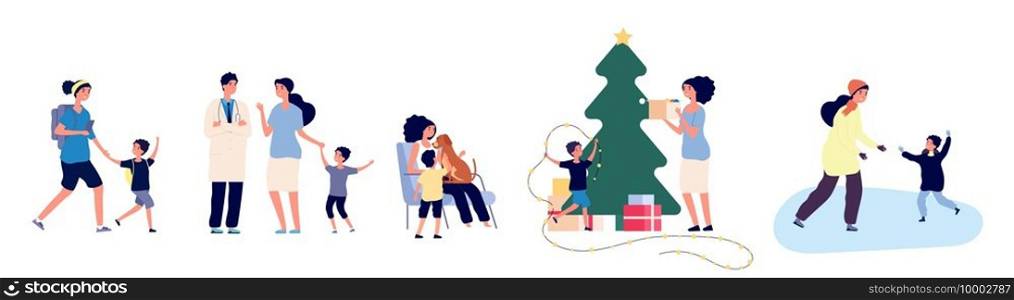 Single mom. Mother with son vector illustration. Family activity concept. Mom and kid skate, decorate the Christmas tree, walk. Mother parent single, boy and woman happy illustration. Single mom. Mother with son vector illustration. Family activity concept. Mom and kid skate, decorate the Christmas tree, walk