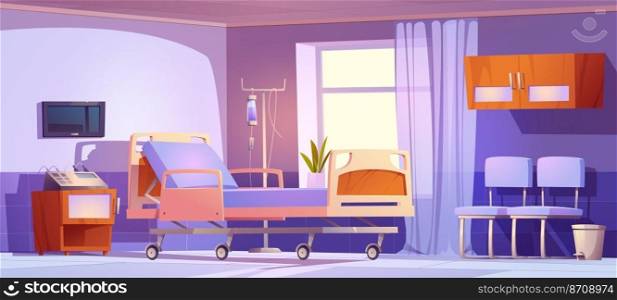 Single patient ward in modern private clinic. Cartoon vector illustration of inpatient room interior with comfortable hospital bed, chairs and medical equipment. Health care and rehabilitation service. Single patient ward in modern private clinic
