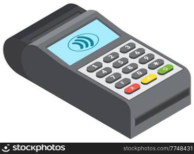 Single payment terminal for retail sale service on white background isolated vector illustration. Bank machine payment terminal, credit card payment equipment. Electronic device for cashless payment. Single payment terminal for retail sale service on white background isolated vector illustration