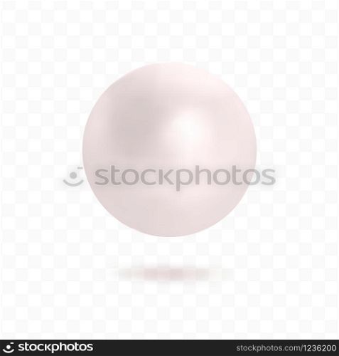 Single pearl isolated on transparent background. Spherical beautiful 3D orb with transparent glares and highlights. Vector Illustration