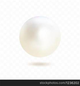 Single pearl isolated on transparent background. Spherical beautiful 3D orb with transparent glares and highlights. Vector Illustration.