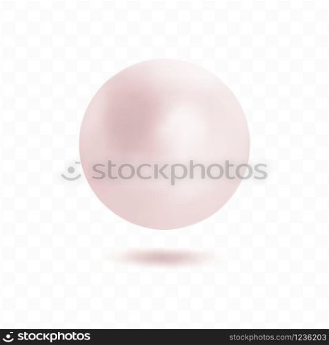 Single pearl isolated on transparent background. Spherical beautiful 3D orb with transparent glares and highlights. Vector Illustration.