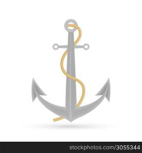 Single realistic shiny steel anchor with rings and shadow on white background isolated vector illustration. Single realistic shiny steel anchor with rings and shadow on white background isolated vector illustration.