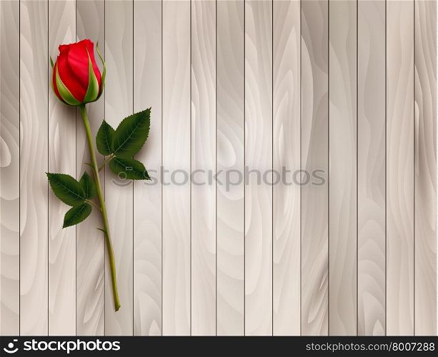 Single red rose on a wooden background. Vector.