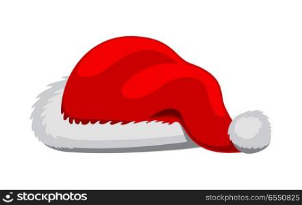 Single Santa Claus red hat realisticvector illustration in flat style. Santa winter fur wool red hat isolated on white background. Christmas decorative headwear. Icon of winter snowboard hat cap.. Single Santa Claus Red Hat Realistic Illustration.