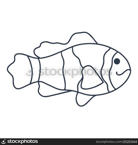 Single sea or river fish vector illustration. Isolated silhouette of marine life. Black striped fish with beautiful fins doodle style on white background