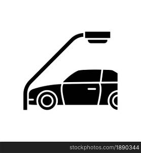Single-vehicle collision black glyph icon. Colliding with lamppost. Head-on crash. Blameless accident. Run-off-road collision. Silhouette symbol on white space. Vector isolated illustration. Single-vehicle collision black glyph icon