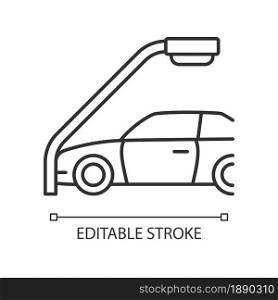 Single-vehicle collision linear icon. Colliding with lamppost. Head-on crash. Blameless accident. Thin line customizable illustration. Contour symbol. Vector isolated outline drawing. Editable stroke. Single-vehicle collision linear icon