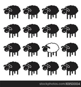 Single white sheep in black sheep group. dissimilar concept