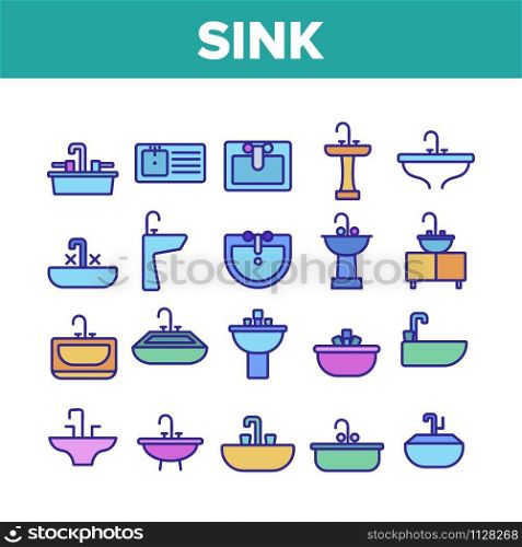 Sink Ceramic Bathroom Collection Icons Set Vector Thin Line. Bath Sink With Faucet, Restroom Hands And Face Wash Equipment Concept Linear Pictograms. Monochrome Contour Illustrations. Sink Ceramic Bathroom Collection Icons Set Vector