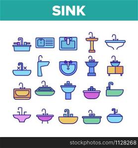 Sink Ceramic Bathroom Collection Icons Set Vector Thin Line. Bath Sink With Faucet, Restroom Hands And Face Wash Equipment Concept Linear Pictograms. Monochrome Contour Illustrations. Sink Ceramic Bathroom Collection Icons Set Vector
