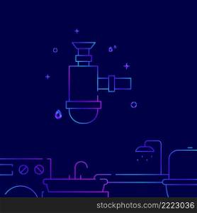 Sink siphon gradient line vector icon, simple illustration on a dark blue background, Plumbing related bottom border.. Sink siphon gradient line icon, vector illustration