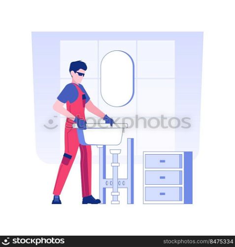 Sinks and toilets installation isolated concept vector illustration. Plumber installs a sink in a new apartment, rough interior works, private house building service vector concept.. Sinks and toilets installation isolated concept vector illustration.