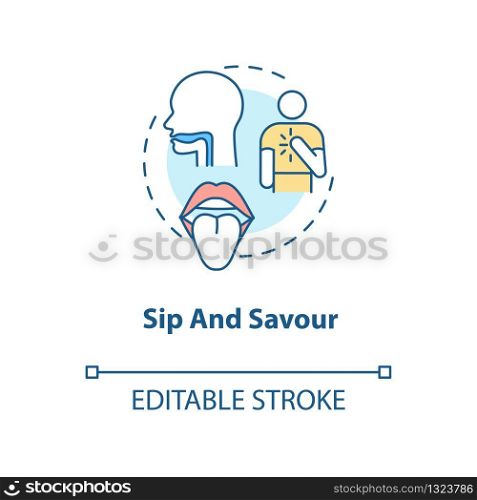 Sip and savour concept icon. Wine tasting idea thin line illustration. Evaluating drink by taste. Appreciating texture and aftertaste. Vector isolated outline RGB color drawing. Editable stroke