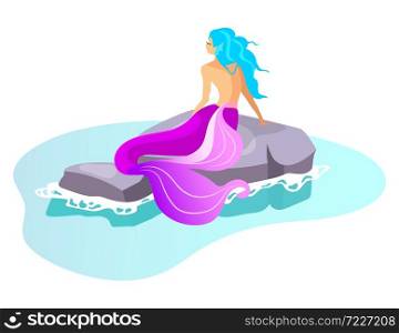 Siren flat vector illustration. Mythological beast swim in sea. Fairy monster on rock. Fantastical half-woman creature. Greek mythology. Mermaid on reef isolated cartoon character on white background. Siren flat vector illustration