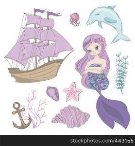 SIREN Mermaid Sea Ocean Summer Cruise Vector Illustration Set