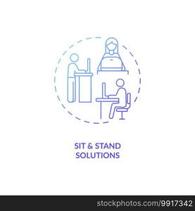 Sit and stand solutions concept icon. Workplace design idea thin line illustration. Avoiding musculoskeletal disorders. Standing in natural position. Vector isolated outline RGB color drawing. Sit and stand solutions concept icon