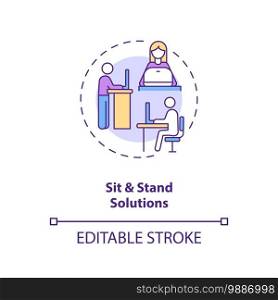 Sit and stand solutions concept icon. Workplace design idea thin line illustration. Height-adjustable desk. Healthy work environment. Vector isolated outline RGB color drawing. Editable stroke. Sit and stand solutions concept icon