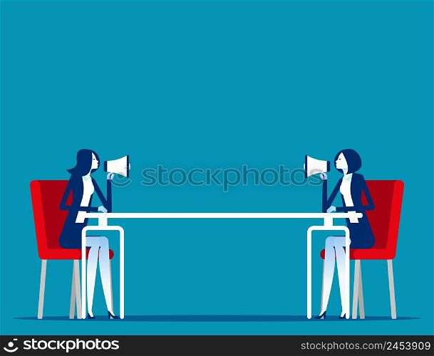 Sit in a meeting at the long table and talk via megaphone