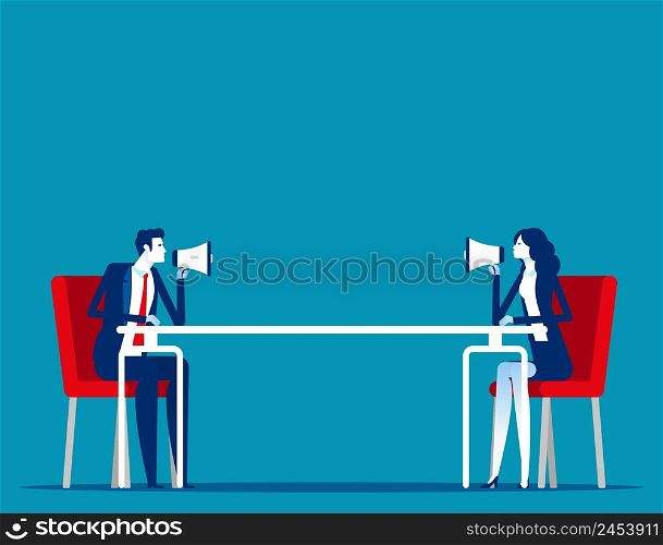 Sit in a meeting at the long table and talk via megaphone