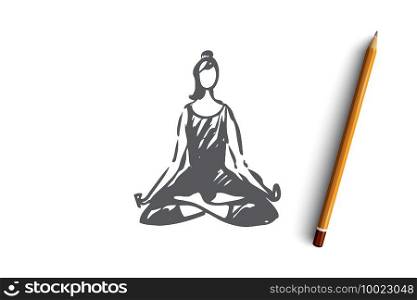 Sit, lotus, pose, woman, relax, yoga concept. Hand drawn woman sitting in lotus pose concept sketch. Isolated vector illustration.. Sit, lotus, pose, woman, relax, yoga concept. Hand drawn isolated vector.
