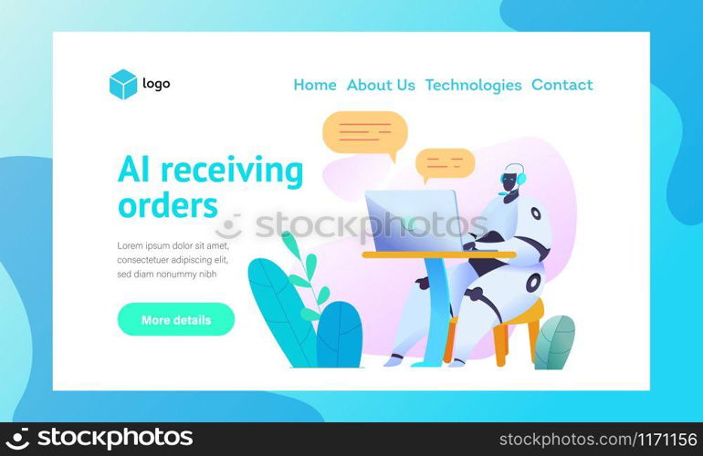 Sits at computer with microphone, answers orders and communicates in chat Web page template. Metaphor of AI bots in communication Concept of smart order taking using chat bots Vector flat illustration