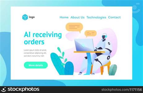 Sits at computer with microphone, answers orders and communicates in chat Web page template. Metaphor of AI bots in communication Concept of smart order taking using chat bots Vector flat illustration