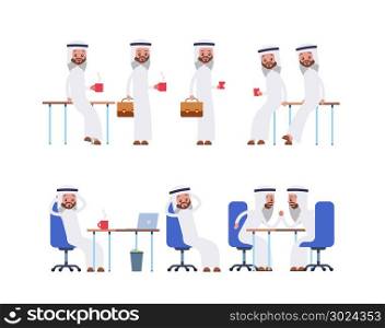 Sits on the chair, arm behind his head. He leans against a table, holds a glass, a mug of coffee, a suitcase. Relaxed characters of a Arab saudi businessman