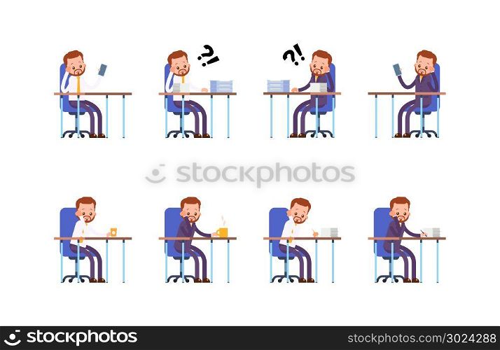 sits sad, thoughtful. phone does not ring, a lot of paperwork. businessman. cartoon character set