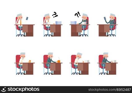 sits sad, thoughtful. phone does not ring, a lot of paperwork. elderly businessman. cartoon character set