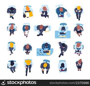 Sitting business characters top view. Office employees in formal suits. People sit in different chairs, armchairs and couches. Persons working at workplaces with laptops. Vector workers on seats set. Sitting business characters top view. Employees in formal suits. People sit in different chairs, armchairs and couches. Persons working at workplaces with laptops. Vector workers set