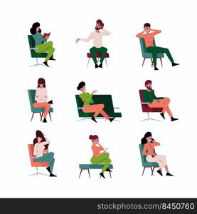 Sitting characters. People in various poses sitting on chairs and modern furniture consult persons talking garish vector cartoon stylyzed illustrations. Sitting character pose, people sitting. Sitting characters. People in various poses sitting on chairs and modern furniture consult persons talking garish vector cartoon stylyzed illustrations