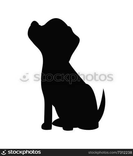 Sitting dog, black silhouette, vector illustration isolated on white background, smart pet with cute standing tail, cartoon dog logo, abstract banner. Sitting Dog, Black Silhouette, Vector Illustration