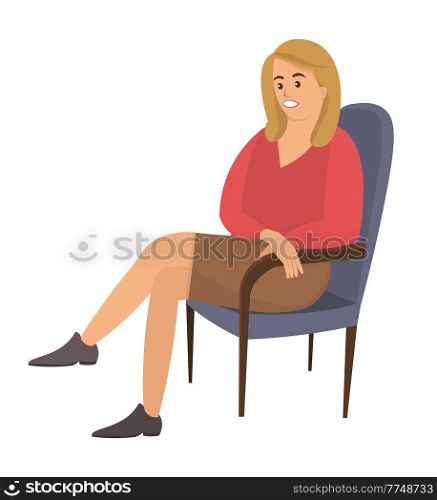 Sitting female person flat vector illustration. Adult woman in armchair isolated on white background. Serious woman sits on a chair and looks to the side. Patient at the reception of a psychotherapist. Sitting female person flat vector illustration. Adult woman in a chair isolated on white background