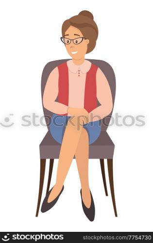Sitting female person flat vector illustration. Adult woman in glasses isolated on white background. Serious woman sits on a chair and looks to the side. Patient at the reception of a psychotherapist. Sitting female person flat vector illustration. Adult woman in glasses isolated on white background