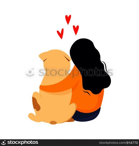 Sitting girl embrace her dog. Friendship concept. Colorful vector cartoon illustration. Sitting girl embrace her dog. Friendship concept