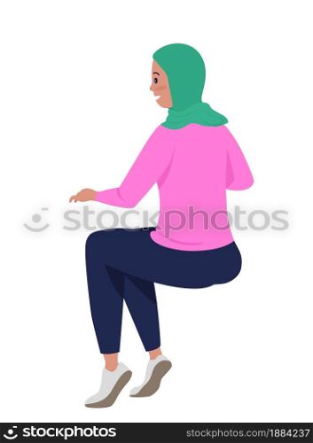 Sitting happy woman semi flat color vector character. Posing figure. Full body person on white. Comfortable pose isolated modern cartoon style illustration for graphic design and animation. Sitting happy woman semi flat color vector character