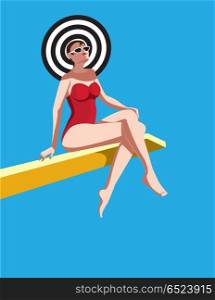 Sitting in the sunlight.. Creative conceptual vector. Woman sitting on a board in the sunlight.