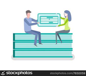Sitting man and woman holding financial empty blank, online payment, checkbook template, electronic form filling, banner cash account, document icon vector. Financial Empty Blank, Electronic Filling Vector