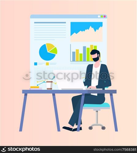 Sitting man at table on armchair with laptop, showing diagrams on board. Worker with beard and suit near monitor. Modern tech and equipment vector. Sitting Man at Table with Laptop near Board Vector