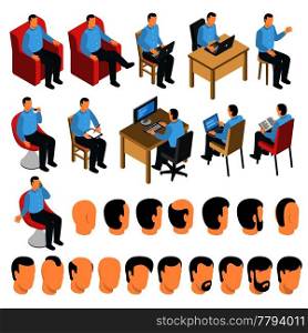 Sitting man constructor creation set with different body poses and gesture for office and business theme collection isolated vector illustration . Sitting Man Creation Set