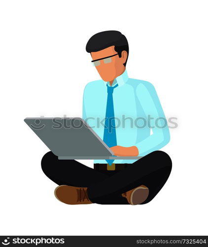 Sitting man with grey laptop, colorful poster, vector illustration with working businessman, cute business suit, blue tie and shirt, black trousers. Sitting Man with Grey Laptop, Colorful Poster