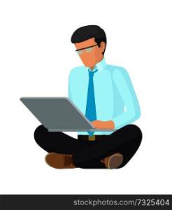 Sitting man with grey laptop, colorful poster, vector illustration with working businessman, cute business suit, blue tie and shirt, black trousers. Sitting Man with Grey Laptop, Colorful Poster