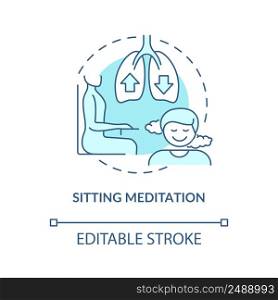 Sitting meditation turquoise concept icon. Mindfulness exercise abstract idea thin line illustration. Relaxed posture. Isolated outline drawing. Editable stroke. Arial, Myriad Pro-Bold fonts used. Sitting meditation turquoise concept icon