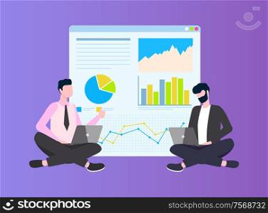 Sitting men with laptop showing diagrams on board. Workers with computer near monitor. Technologies and gadgets, modern tech and equipment flat vector. Men with Laptop Showing Diagram on Desktop Vector