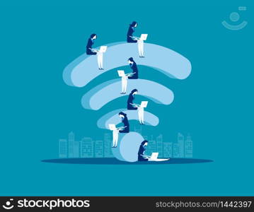 Sitting on wifi, Business people and online marketing, Concept business vector illustration, Flat business cartoon, Internet wifi support.