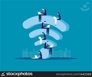 Sitting on wifi, Business people and online marketing, Concept business vector illustration, Flat business cartoon, Internet wifi support.