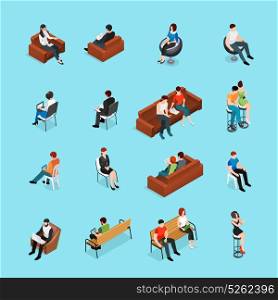 Sitting People Characters Set. Sitting people isometric set of human characters and seat furniture isolated images with lounge chairs and benches vector illustration