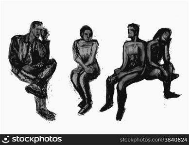 Sitting people hand drawn charcoal graphic composition with four figures