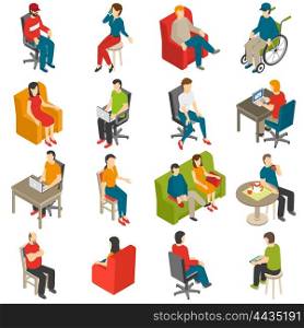 Sitting People Isometric Icon Set. Isometric icon set of diverse people sitting on different chairs isolated vector illustration